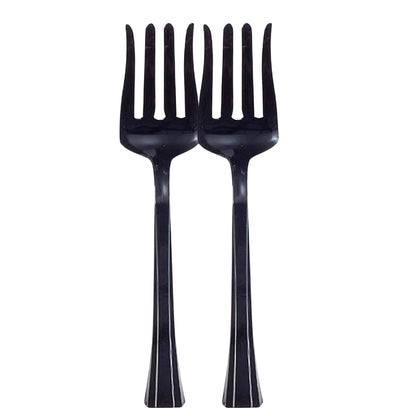 Two black plastic forks on a white background