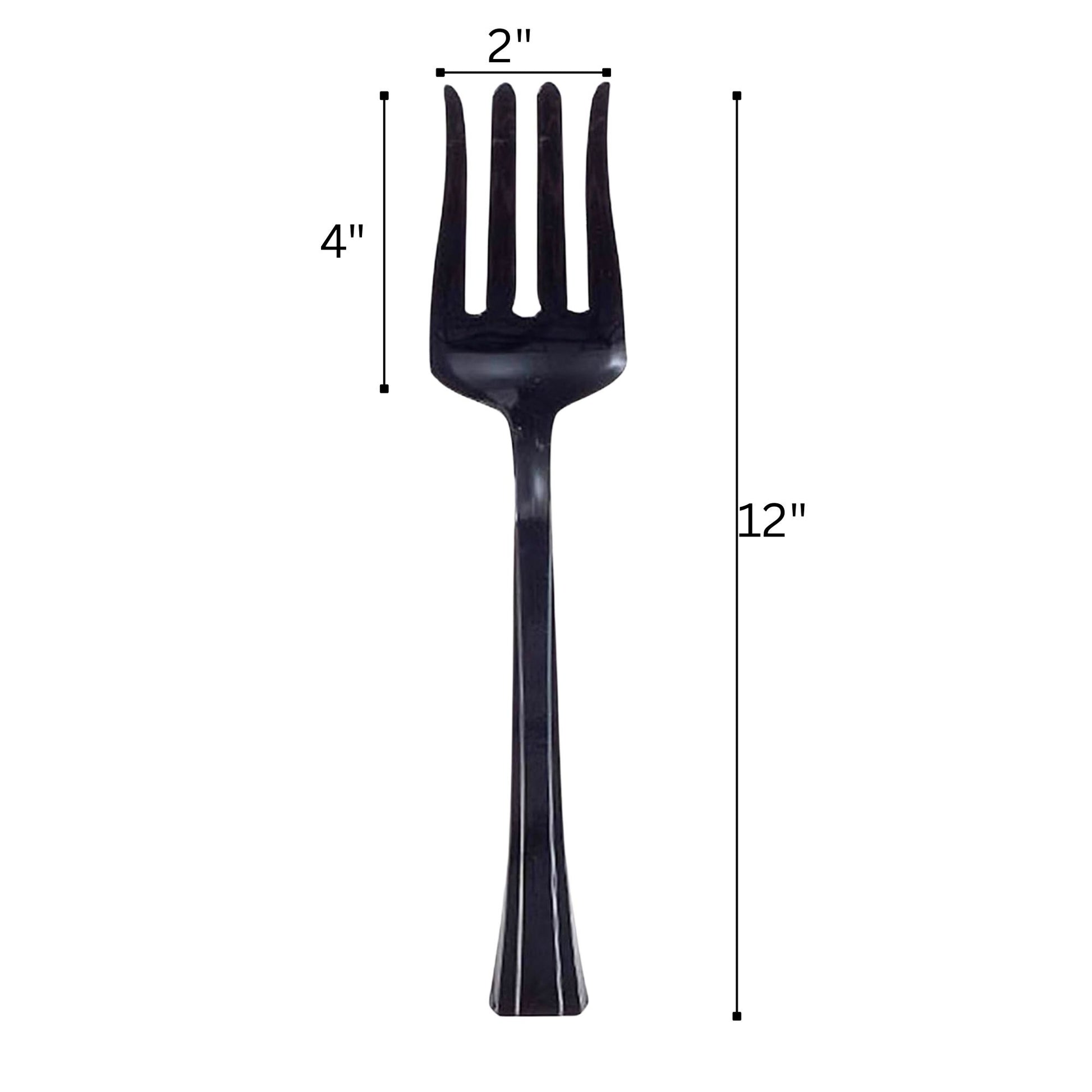 Black plastic fork with measurements on a white background
