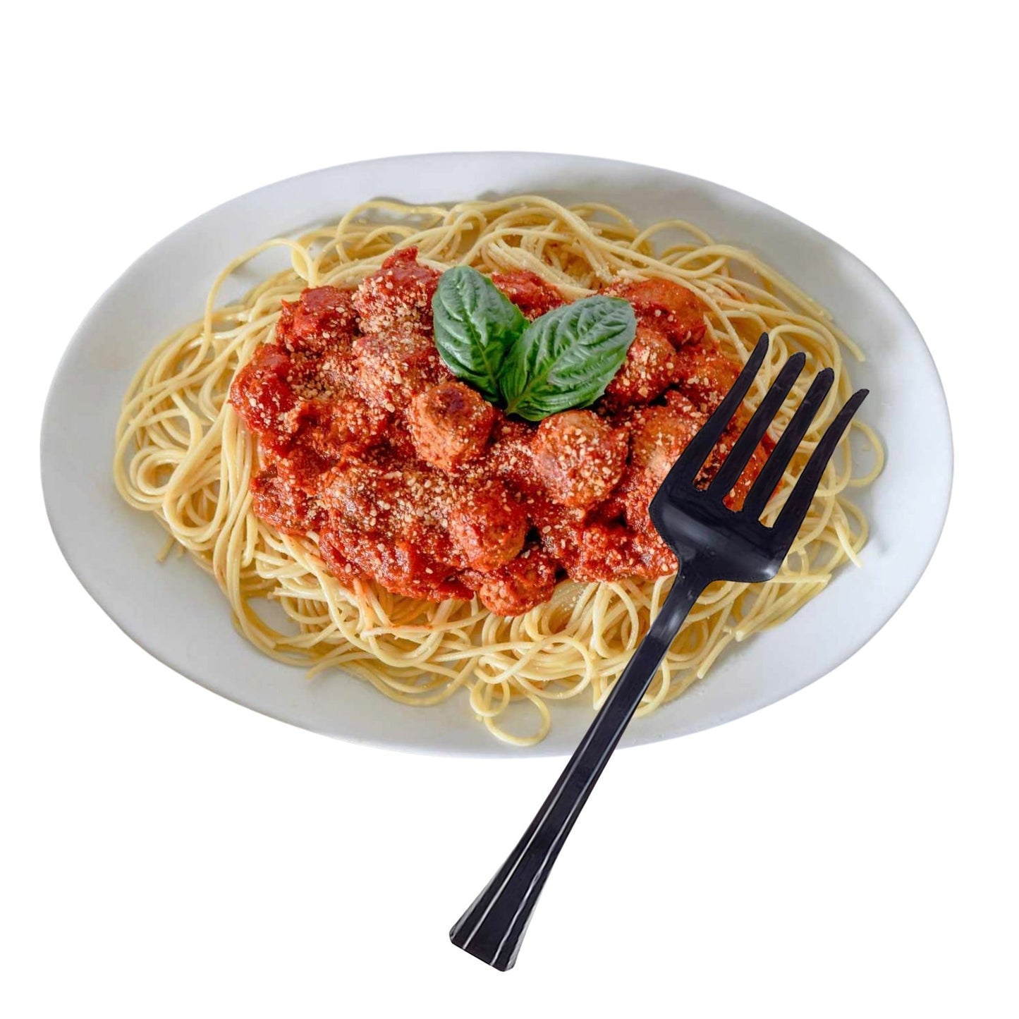 Spaghetti with meat sauce on a white plate with a black fork