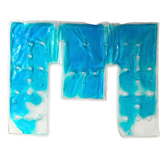 Blue gel pack shaped like the letter 'M' on a white background
