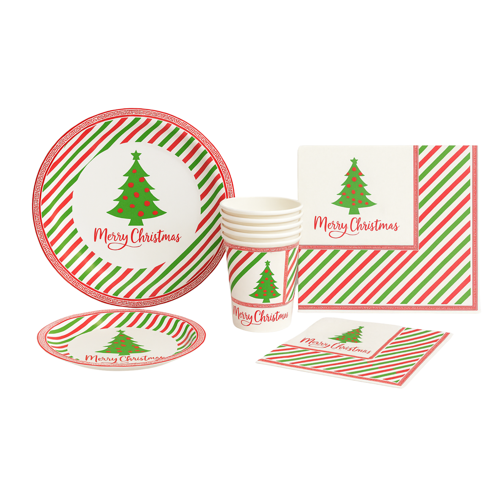 Christmas-themed tableware set with plates, cups, and napkins featuring red and green stripes and Christmas trees.