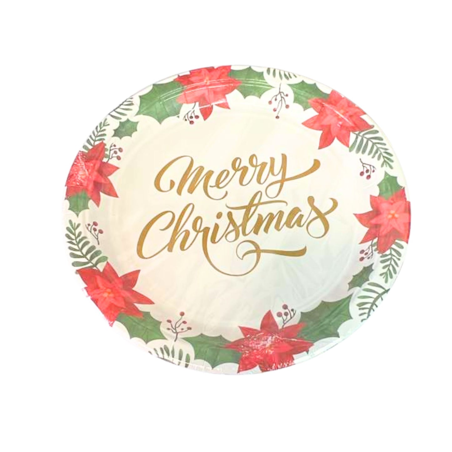 Round paper plate with 'Merry Christmas' text and floral design on a white background