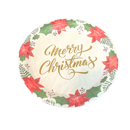 Round paper plate with 'Merry Christmas' text and floral design on a white background