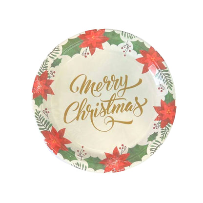 Round paper plate with 'Merry Christmas' text and floral design on a white background