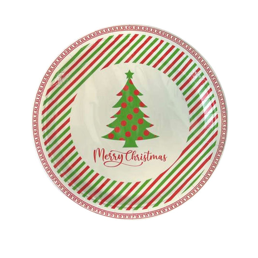 Round plate with Christmas tree design and 'Merry Christmas' text on a white background