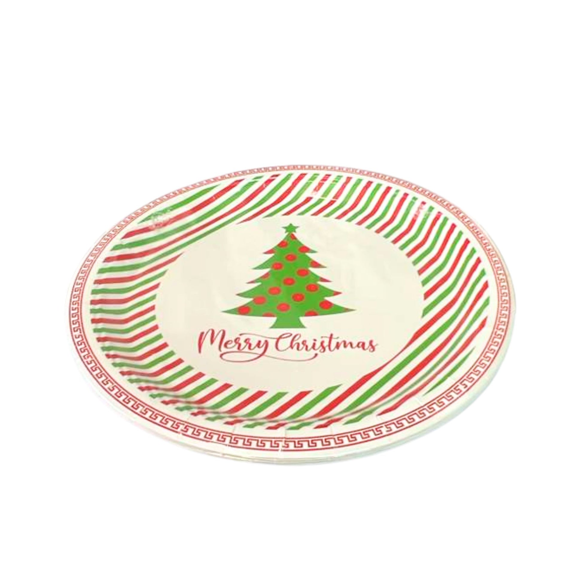 Round plate with Christmas tree design and 'Merry Christmas' text on a white background
