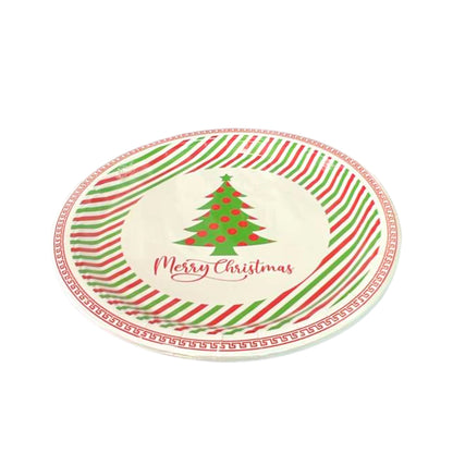 Round plate with Christmas tree design and 'Merry Christmas' text on a white background