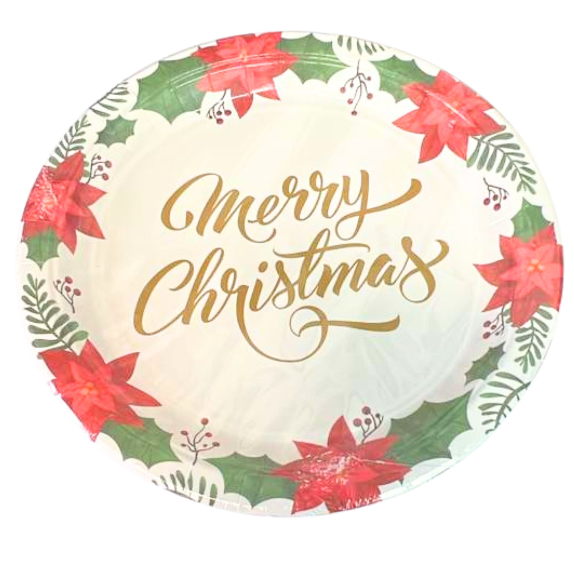 Round paper plate with 'Merry Christmas' text and poinsettia design on a white background