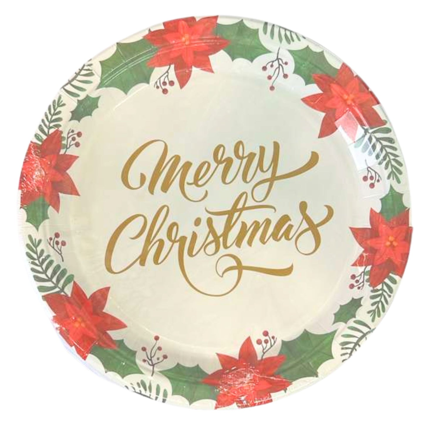 Christmas-themed paper plate with 'Merry Christmas' text and floral design on a white background