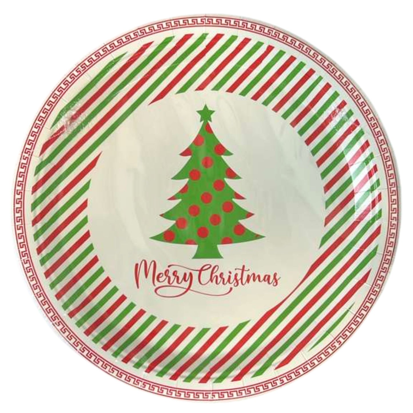 Christmas-themed plate with a tree and 'Merry Christmas' text on a striped border.