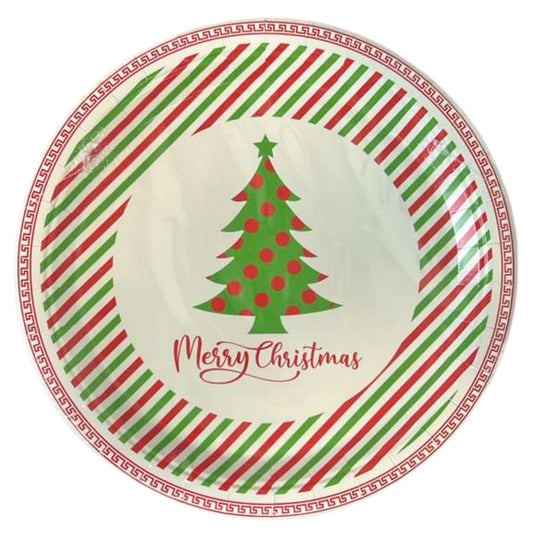 Christmas-themed plate with a tree and 'Merry Christmas' text on a striped border.