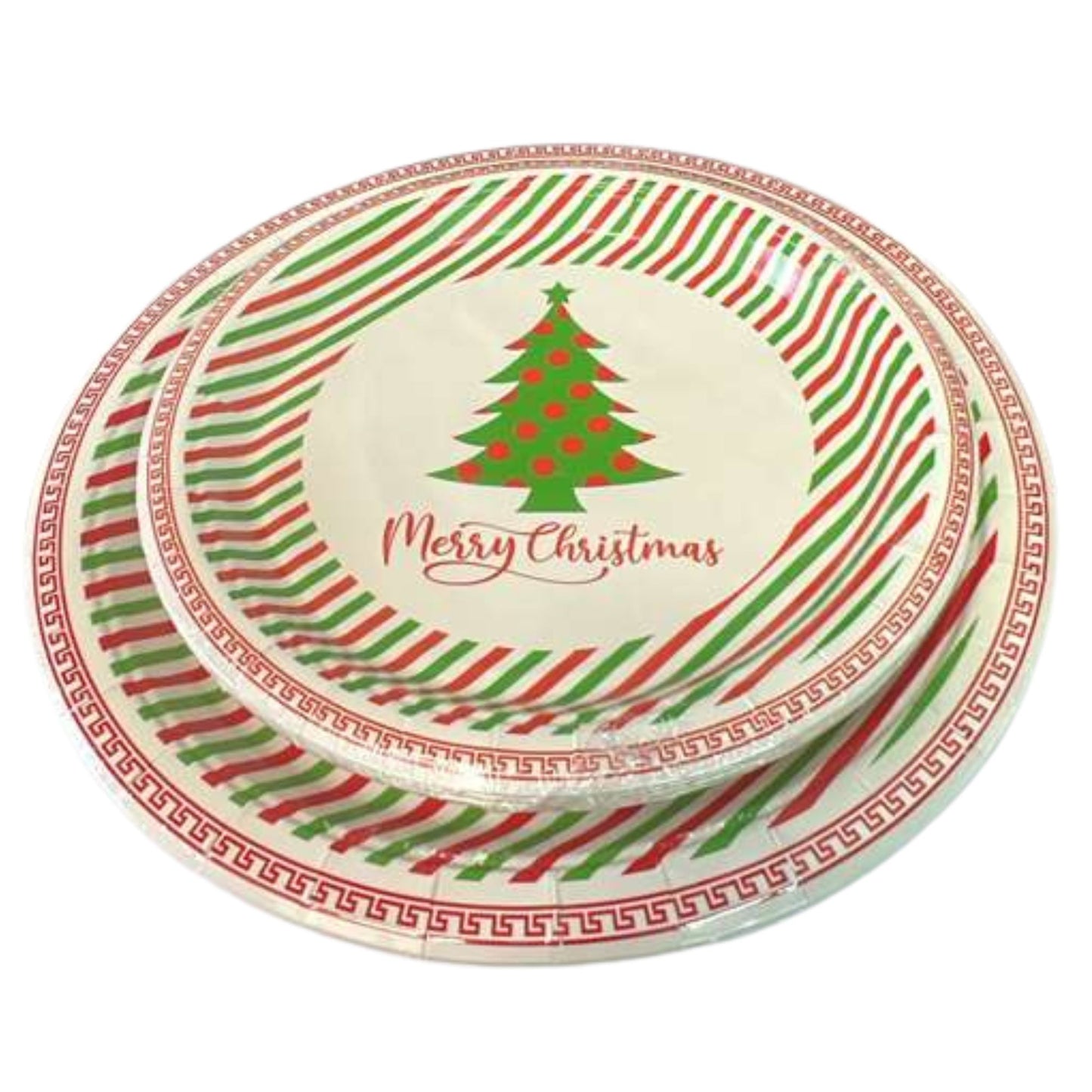 Christmas-themed paper plate with a tree and 'Merry Christmas' text on a white background