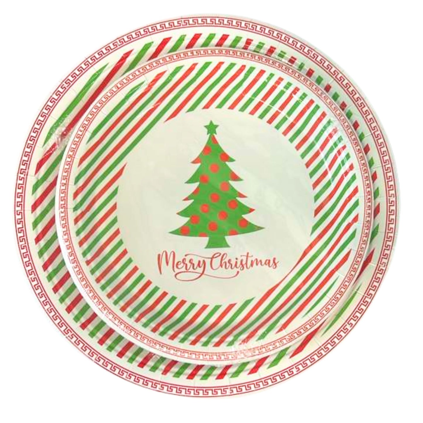 Round paper plate with Christmas tree design and 'Merry Christmas' text on a white background
