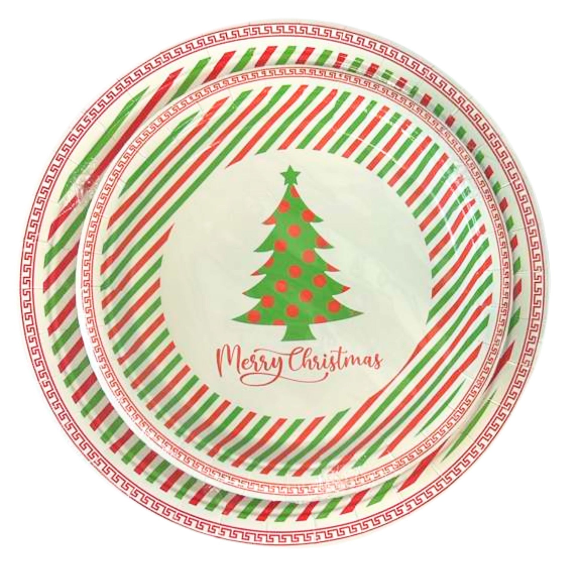 Round paper plate with Christmas tree design and 'Merry Christmas' text on a white background