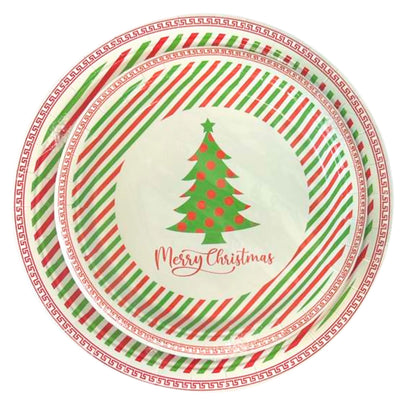 Round paper plate with Christmas tree design and 'Merry Christmas' text on a white background