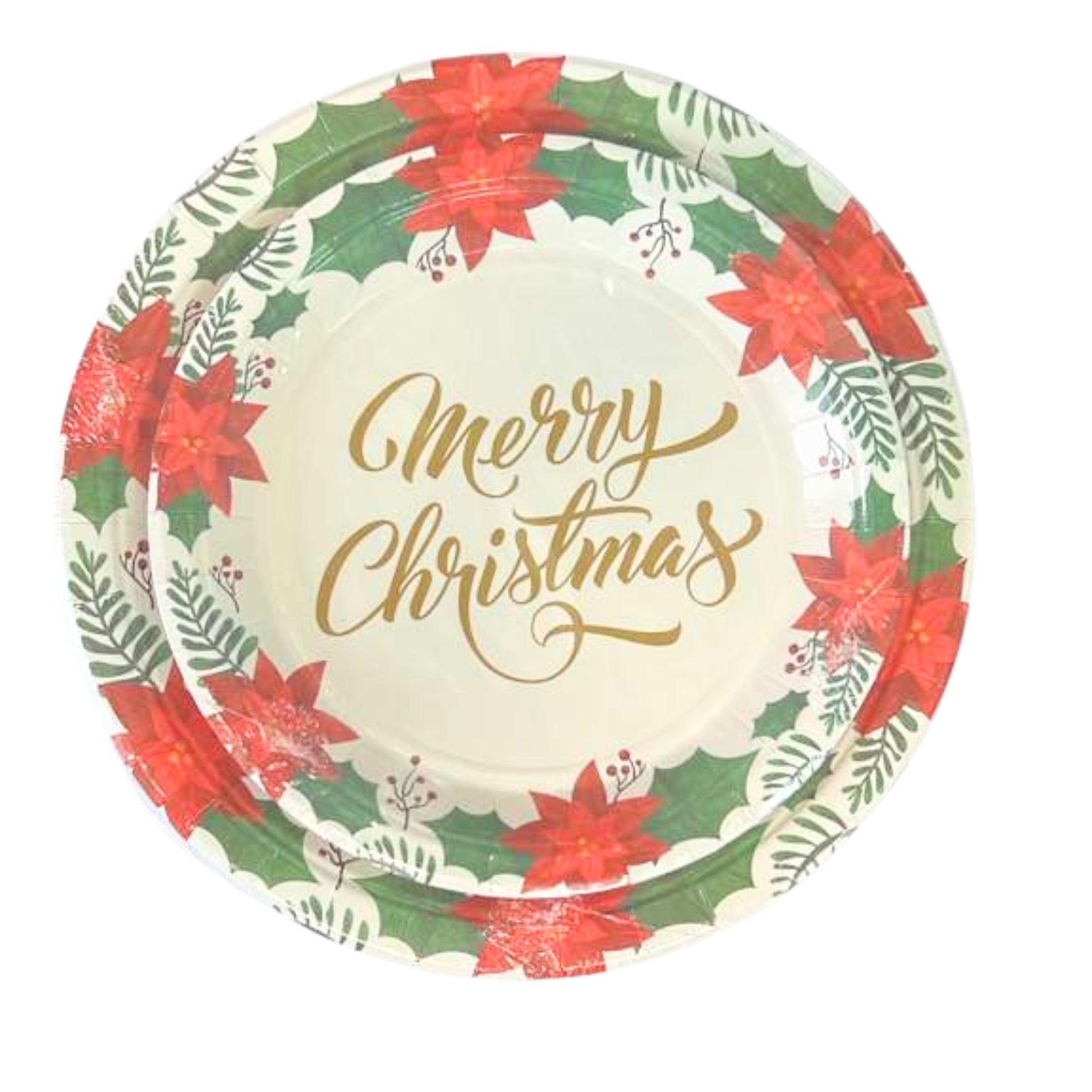 Christmas-themed paper plate with holly leaves and poinsettias