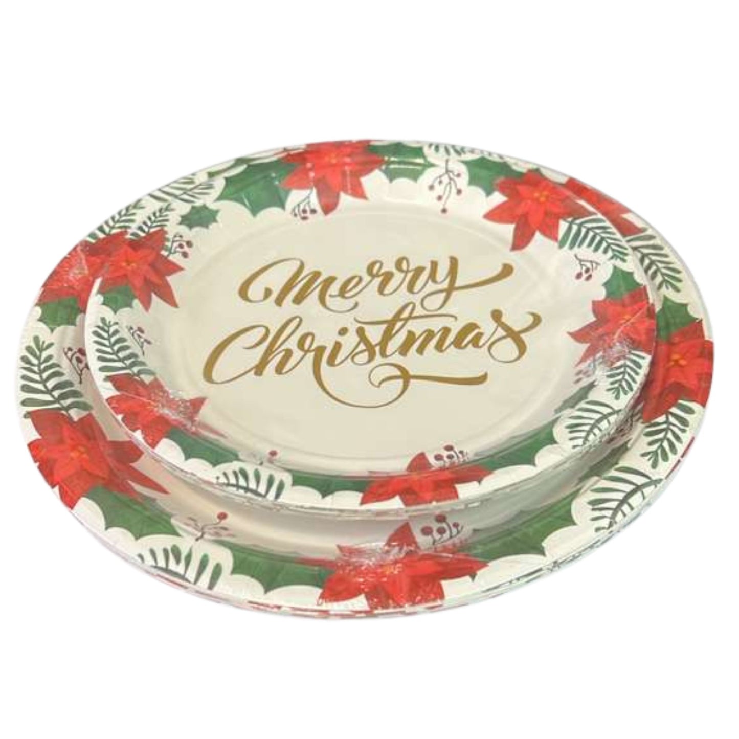 Set of Christmas-themed paper plates with 'Merry Christmas' text and festive designs on a white background.