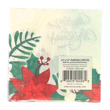 Packaged napkins with Christmas design featuring poinsettias and holly leaves.