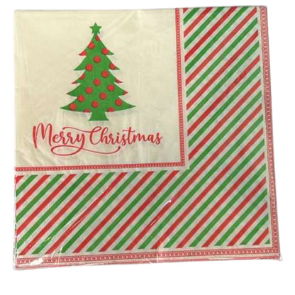 Napkin with Christmas tree and 'Merry Christmas' text on a striped background
