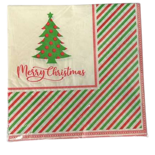 Napkin with Christmas tree and 'Merry Christmas' text on a striped background