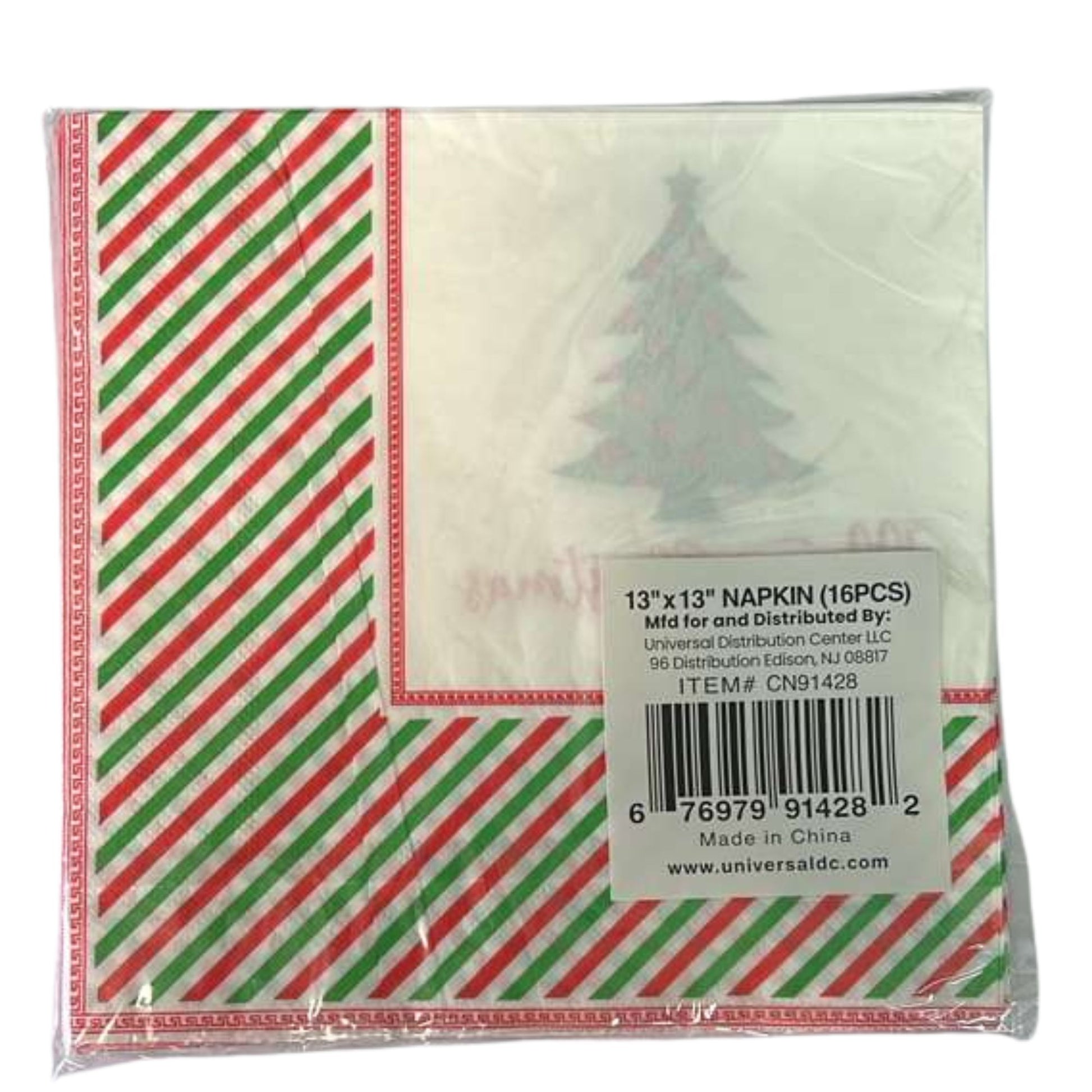 Packaged Christmas-themed napkins with red and green stripes and a tree design.