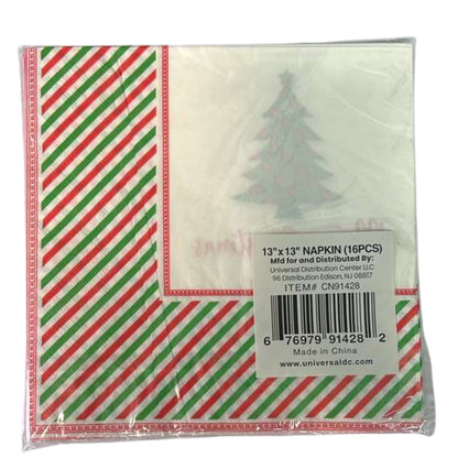 Packaged Christmas-themed napkins with red and green stripes and a tree design.