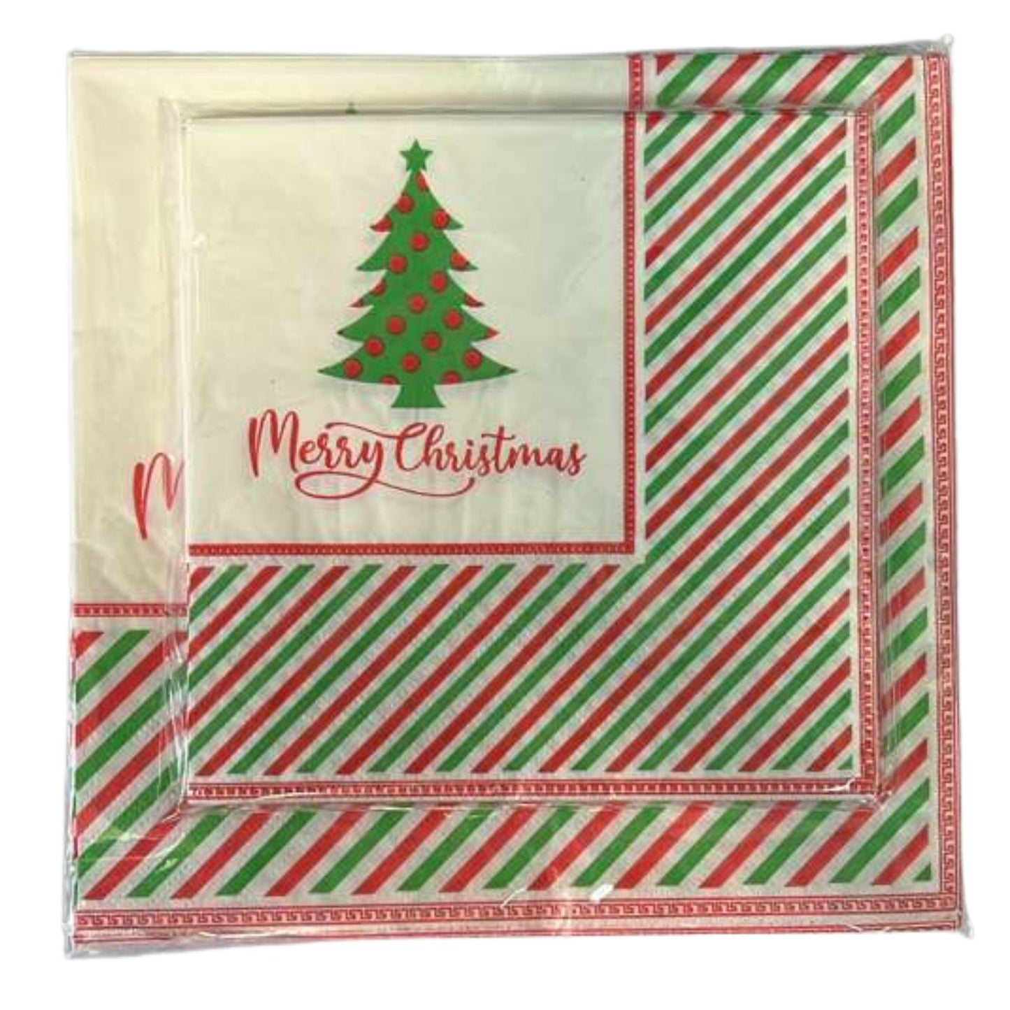 Napkin with Christmas tree and 'Merry Christmas' text on a red and green striped background