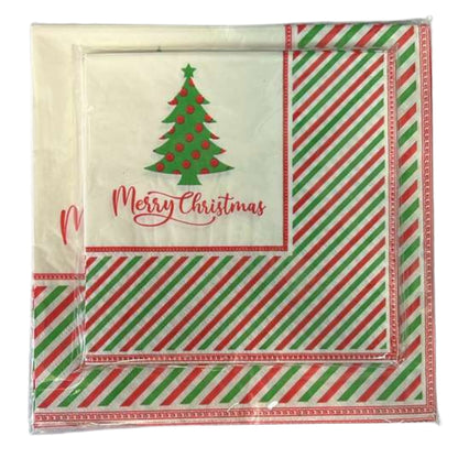 Napkin with Christmas tree and 'Merry Christmas' text on a red and green striped background