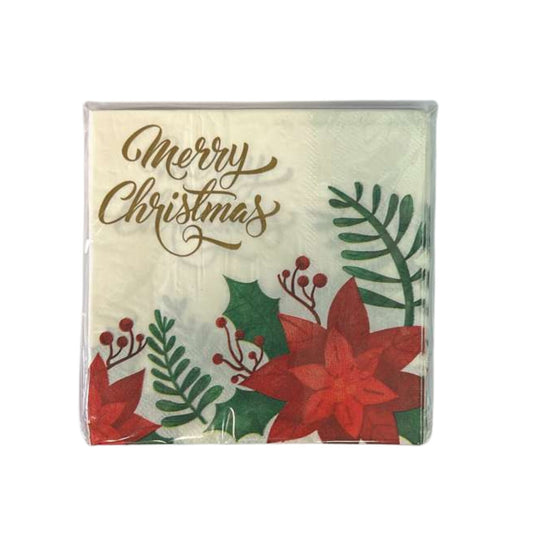 Pack of Christmas-themed napkins with 'Merry Christmas' text and holiday decorations.