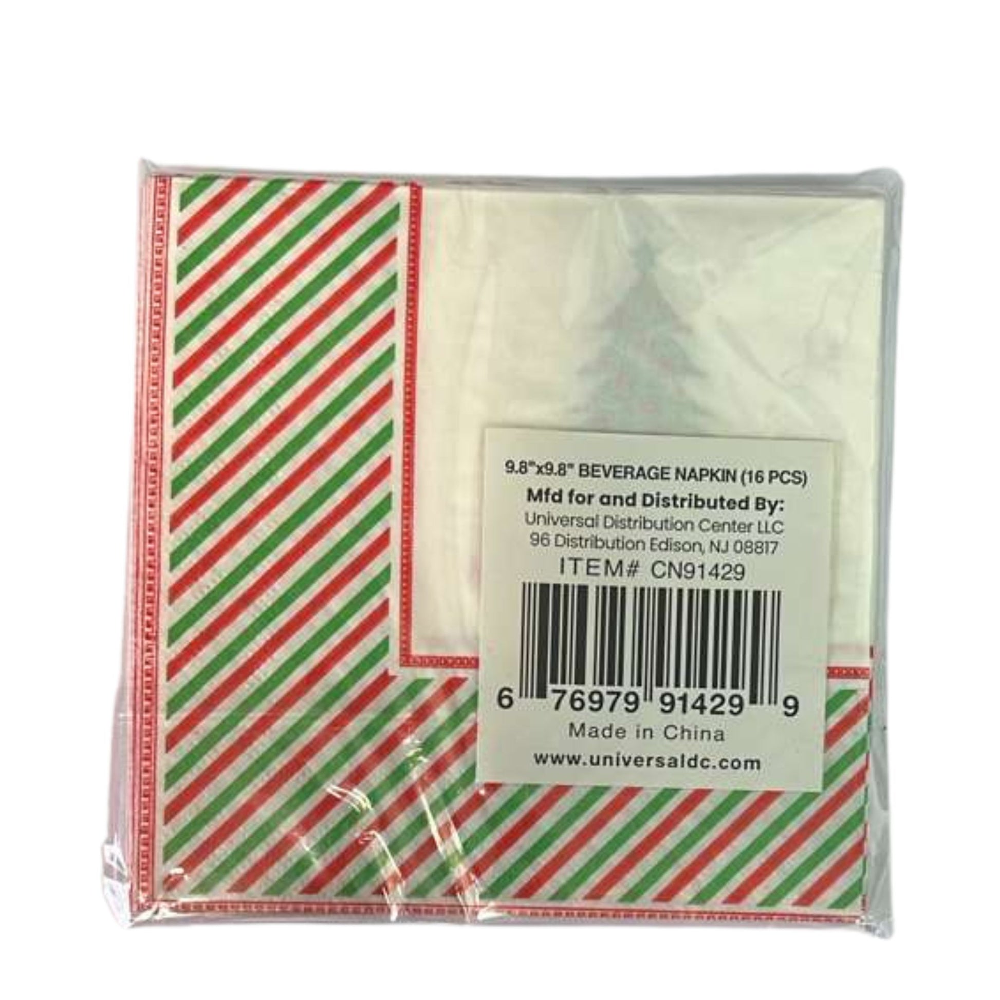 Packaged beverage napkins with red and green stripes and a clear plastic cover.