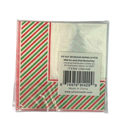 Packaged beverage napkins with red and green stripes and a clear plastic cover.