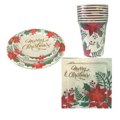 Christmas-themed paper plates, cups, and napkins with 'Merry Christmas' text and floral designs on a white background.
