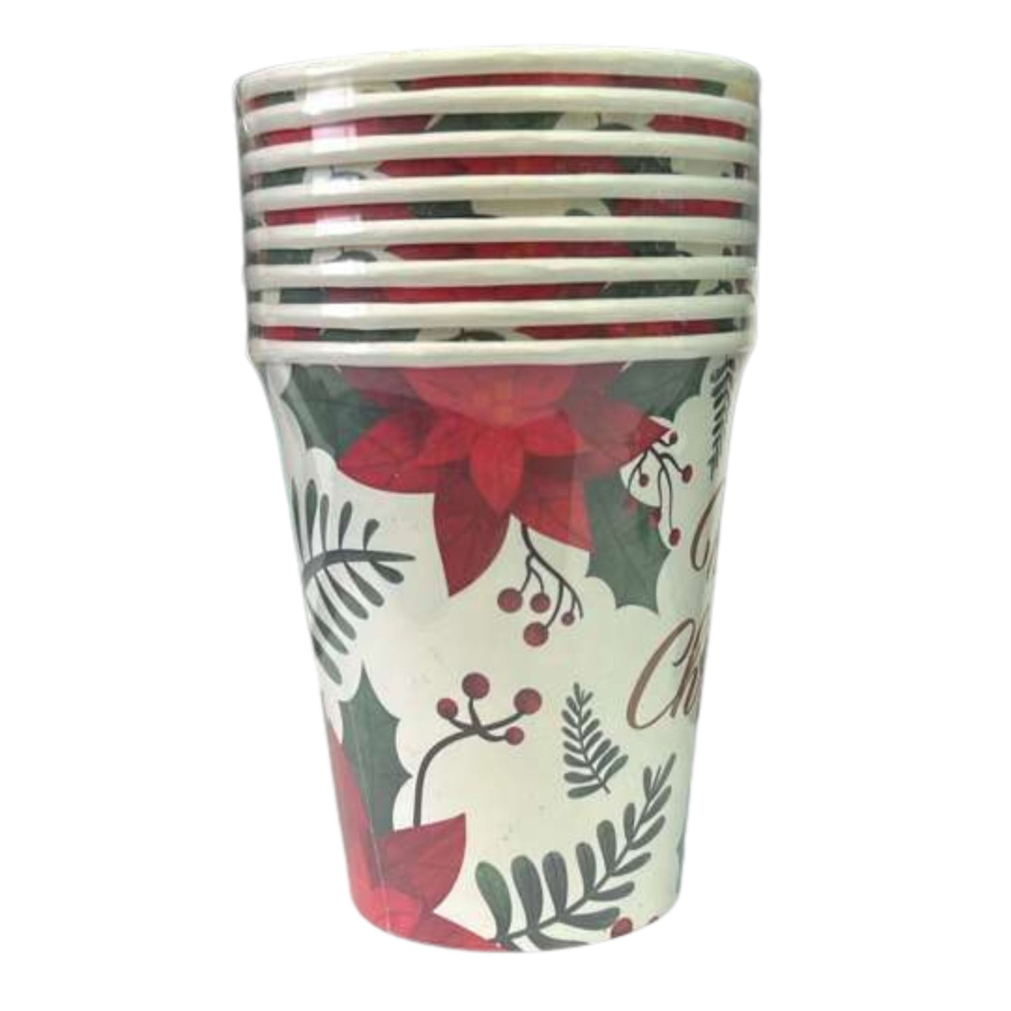 Stack of ceramic tumblers with Christmas-themed design on a white background