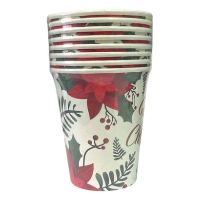 Stack of ceramic tumblers with Christmas-themed design on a white background