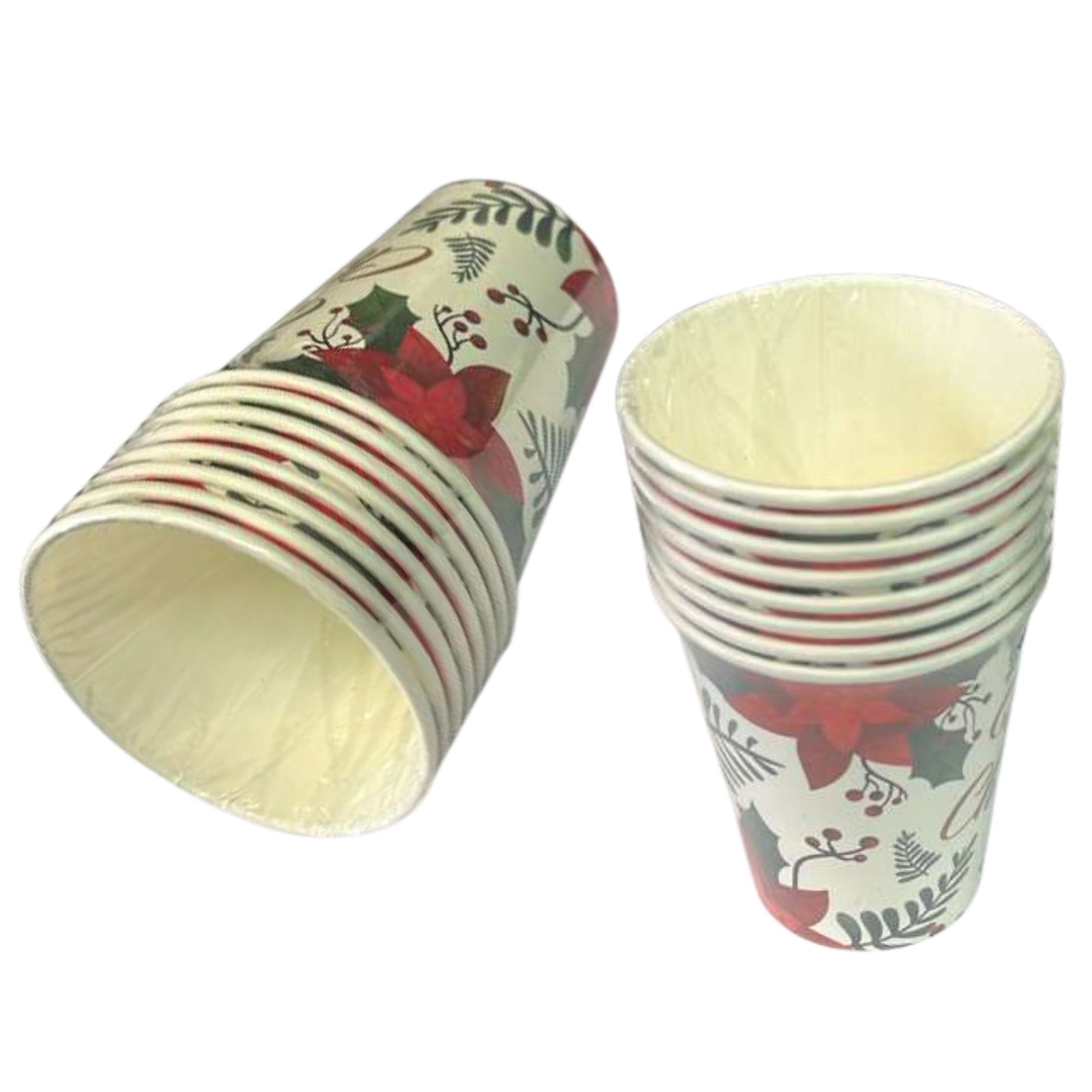 Stacks of paper cups with festive designs on a white background