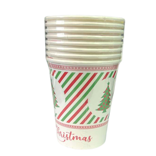 Stack of ceramic cups with Christmas design on a white background