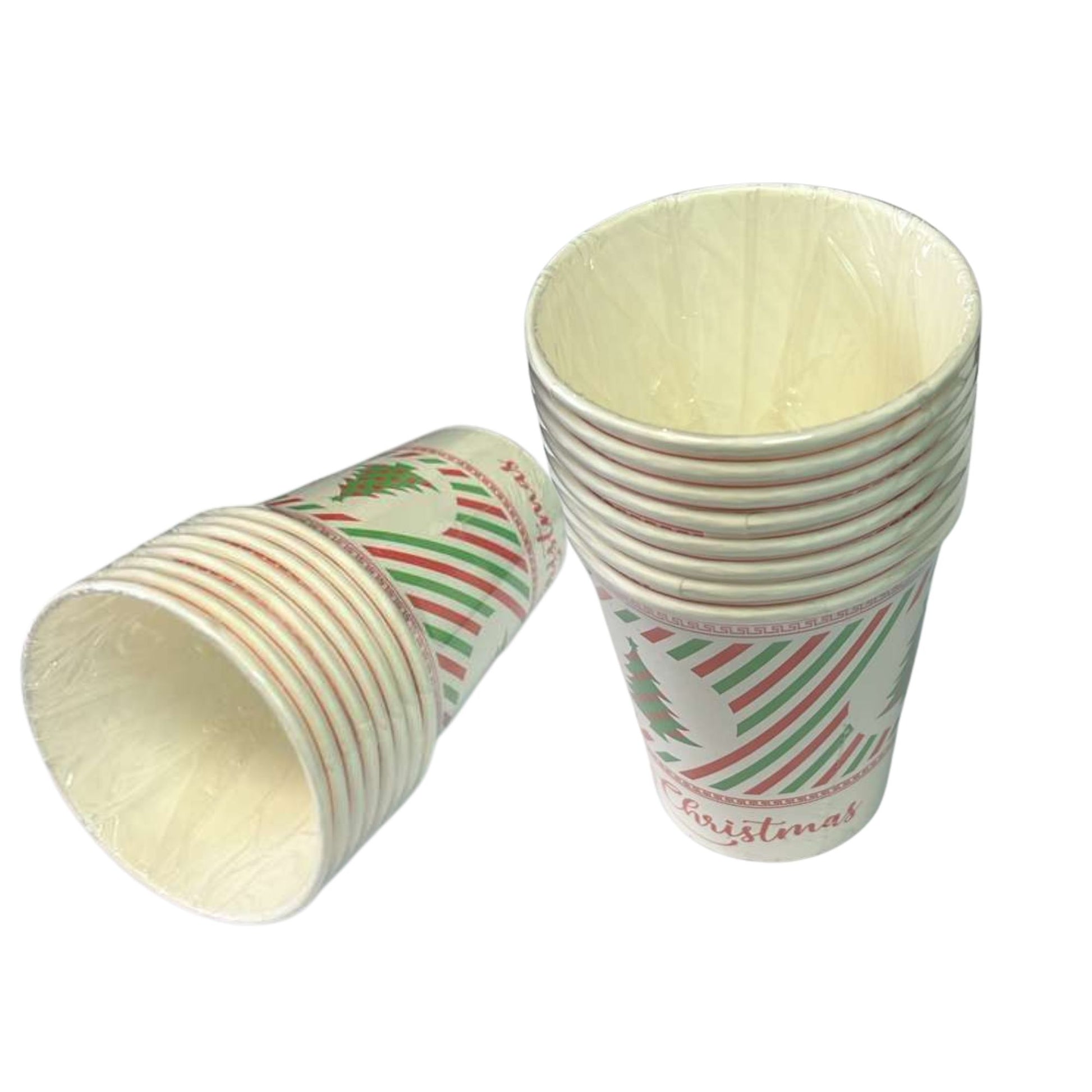 Stack of paper cups with Christmas design on a white background
