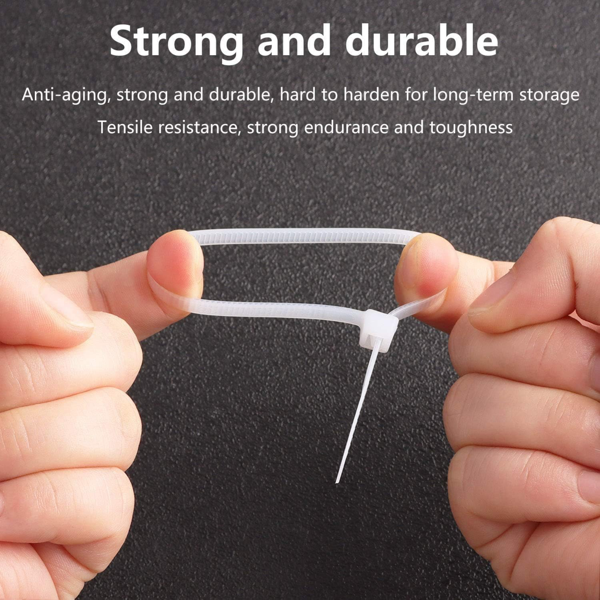 Strong cable tie being held by hands with text about its durability on a dark background