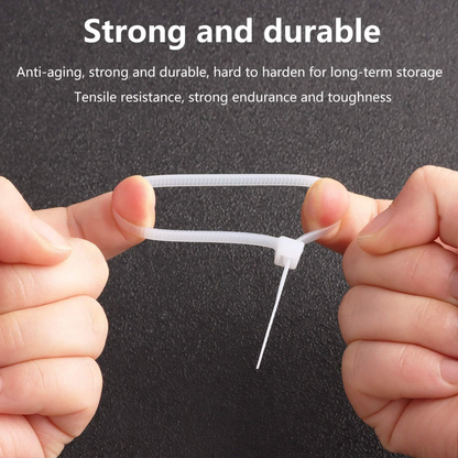 Strong cable tie being held by hands with text about its durability on a dark background
