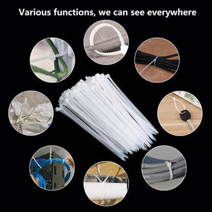 White cable ties displayed with examples of their use in various applications on a black background.