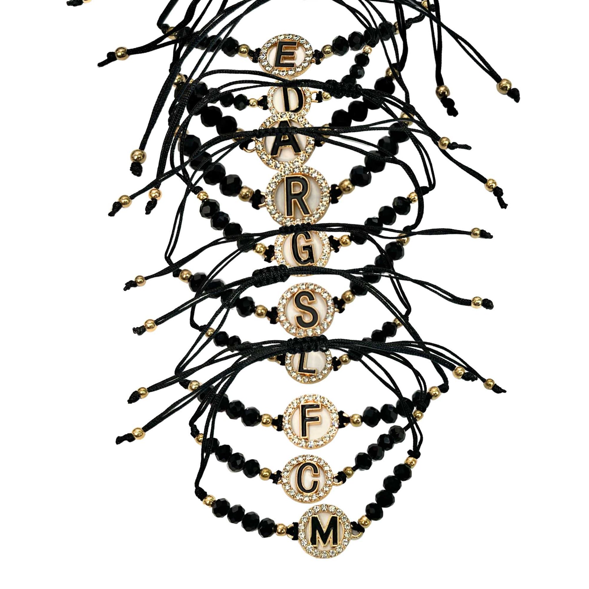 Beaded Black Bracelet with Gold Rhinestone Alphabet Letters