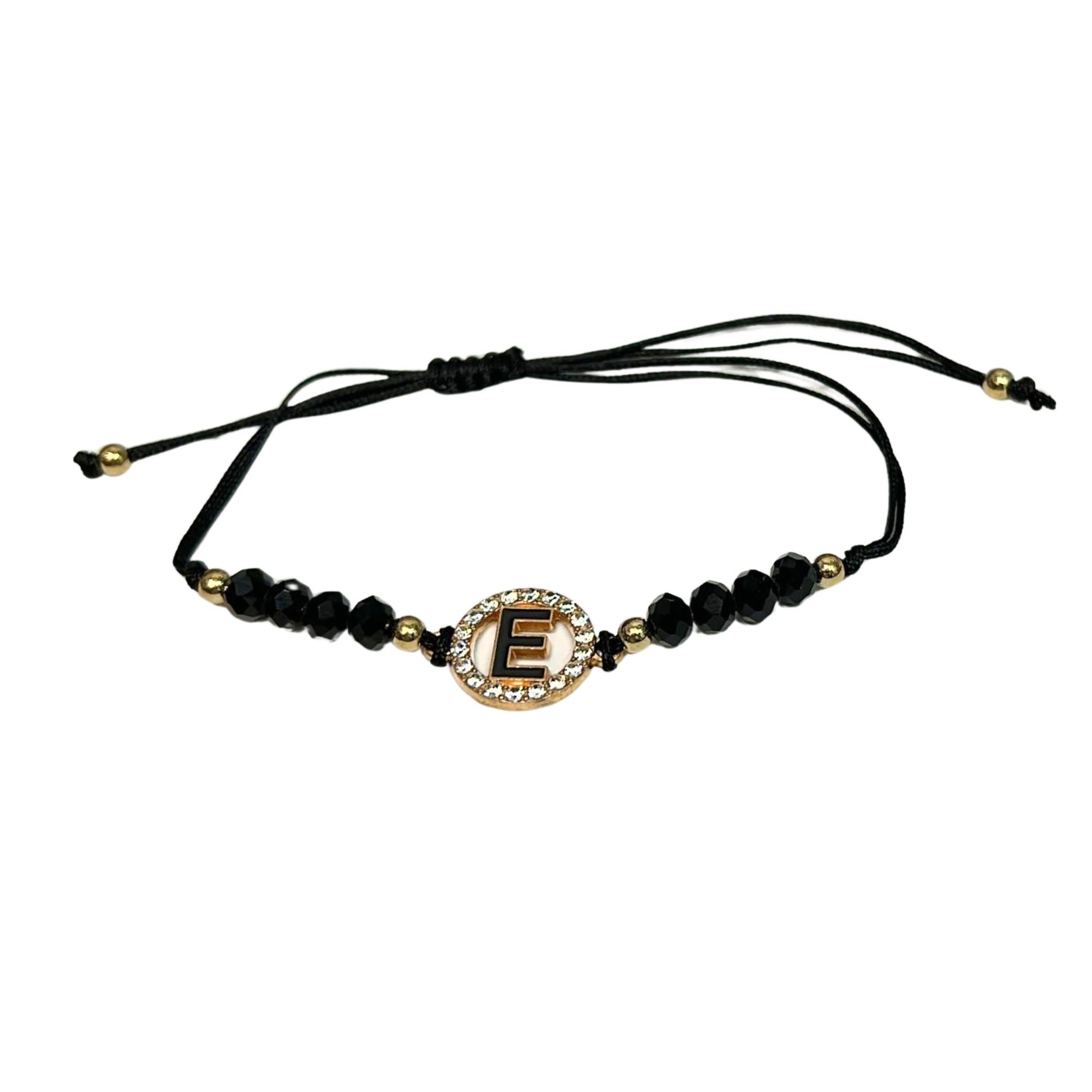 Beaded Black Bracelet with Gold Rhinestone Alphabet Letters