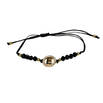 Beaded Black Bracelet with Gold Rhinestone Alphabet Letters