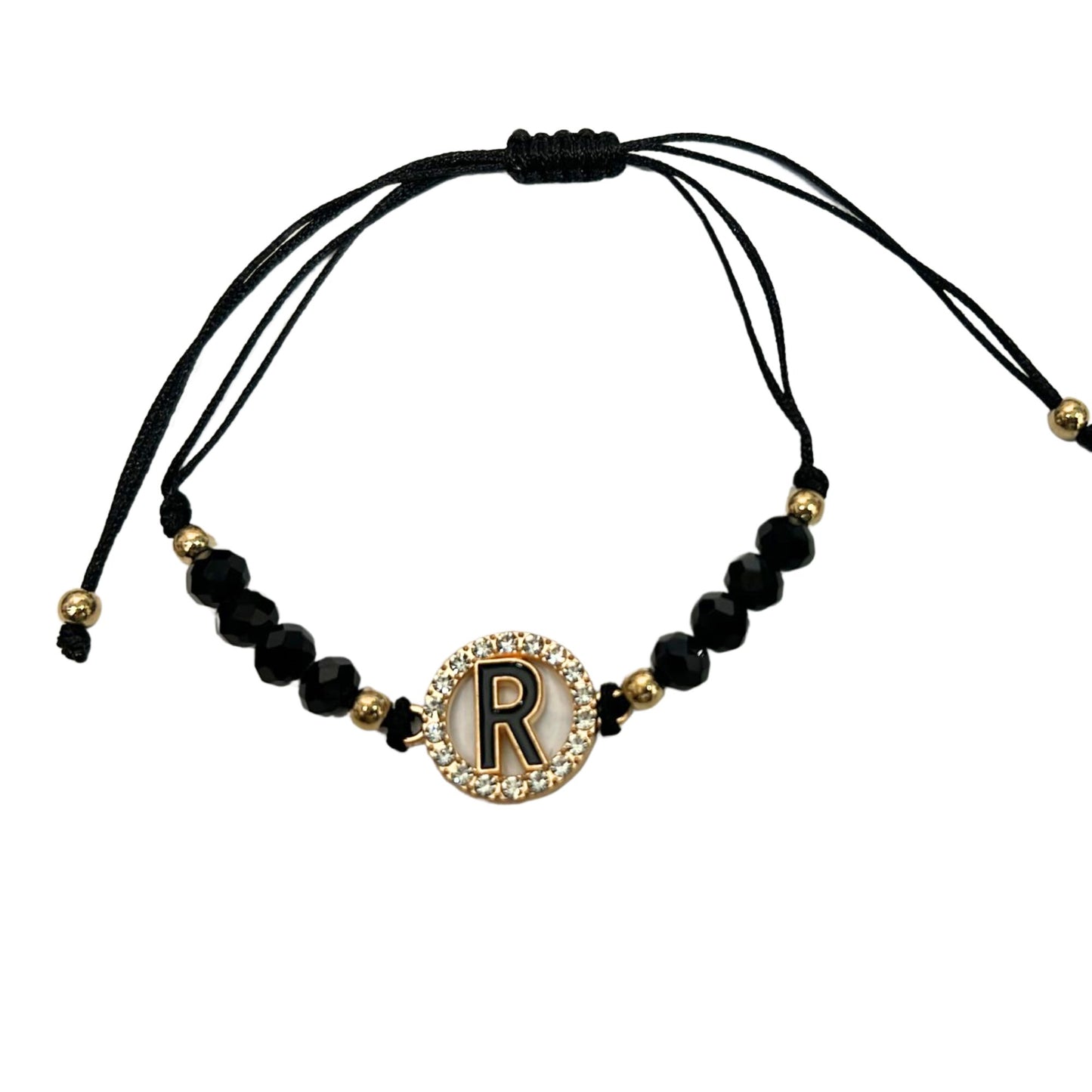 Beaded Black Bracelet with Gold Rhinestone Alphabet Letters