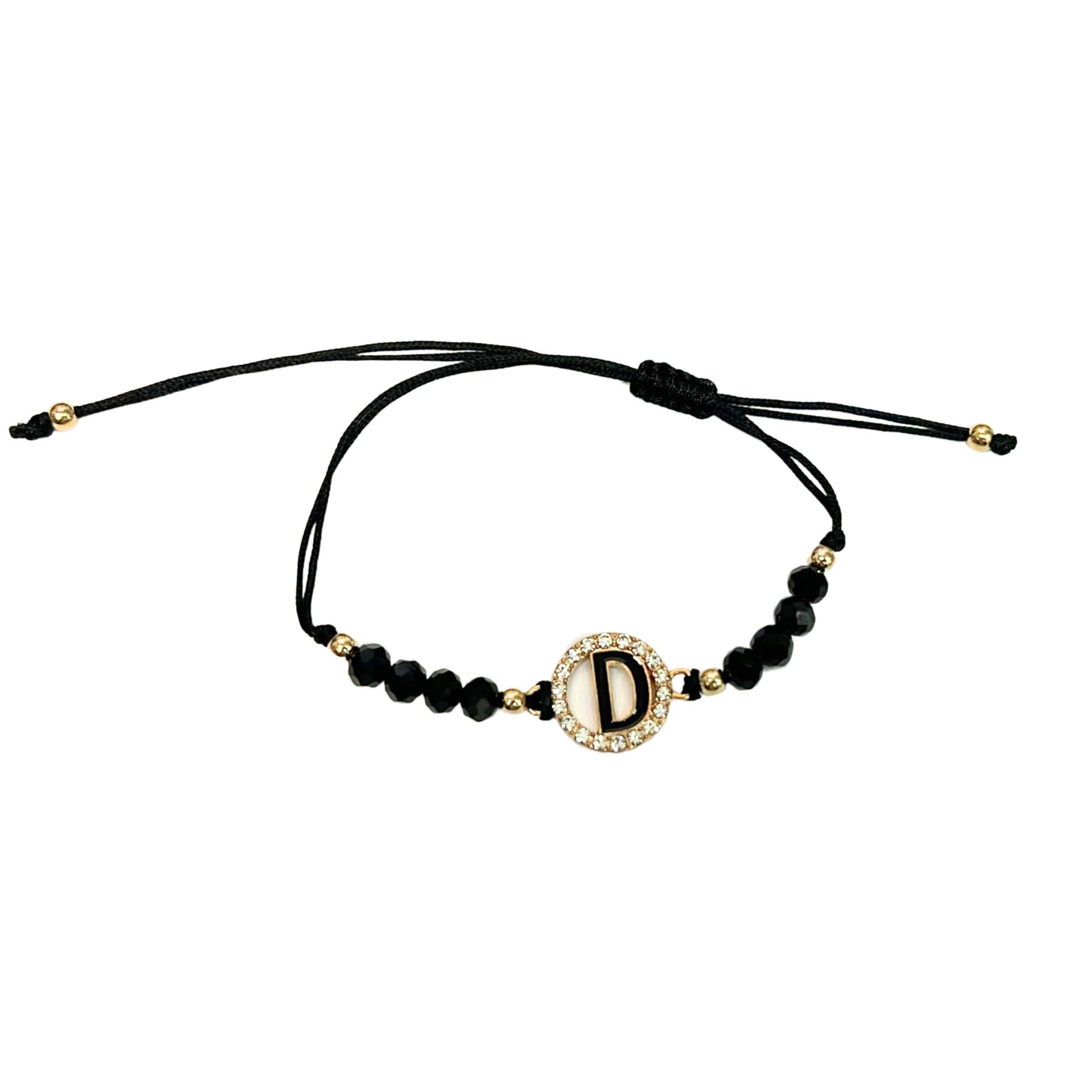 Beaded Black Bracelet with Gold Rhinestone Alphabet Letters