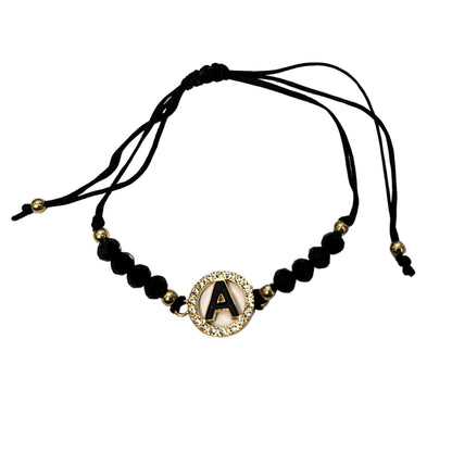 Beaded Black Bracelet with Gold Rhinestone Alphabet Letters