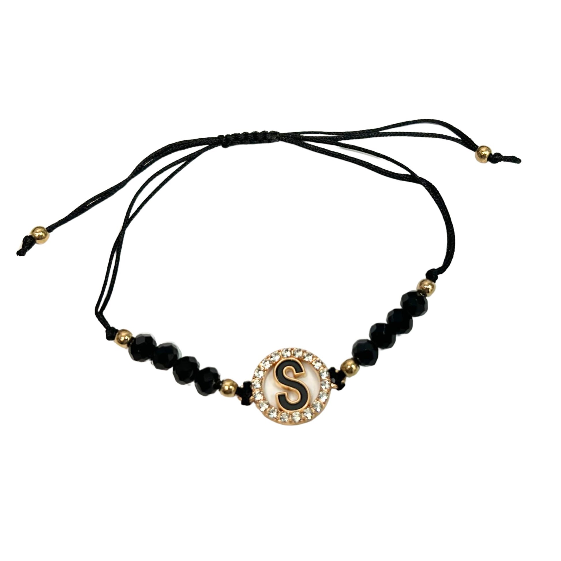 Beaded Black Bracelet with Gold Rhinestone Alphabet Letters