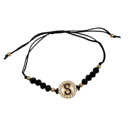 Beaded Black Bracelet with Gold Rhinestone Alphabet Letters