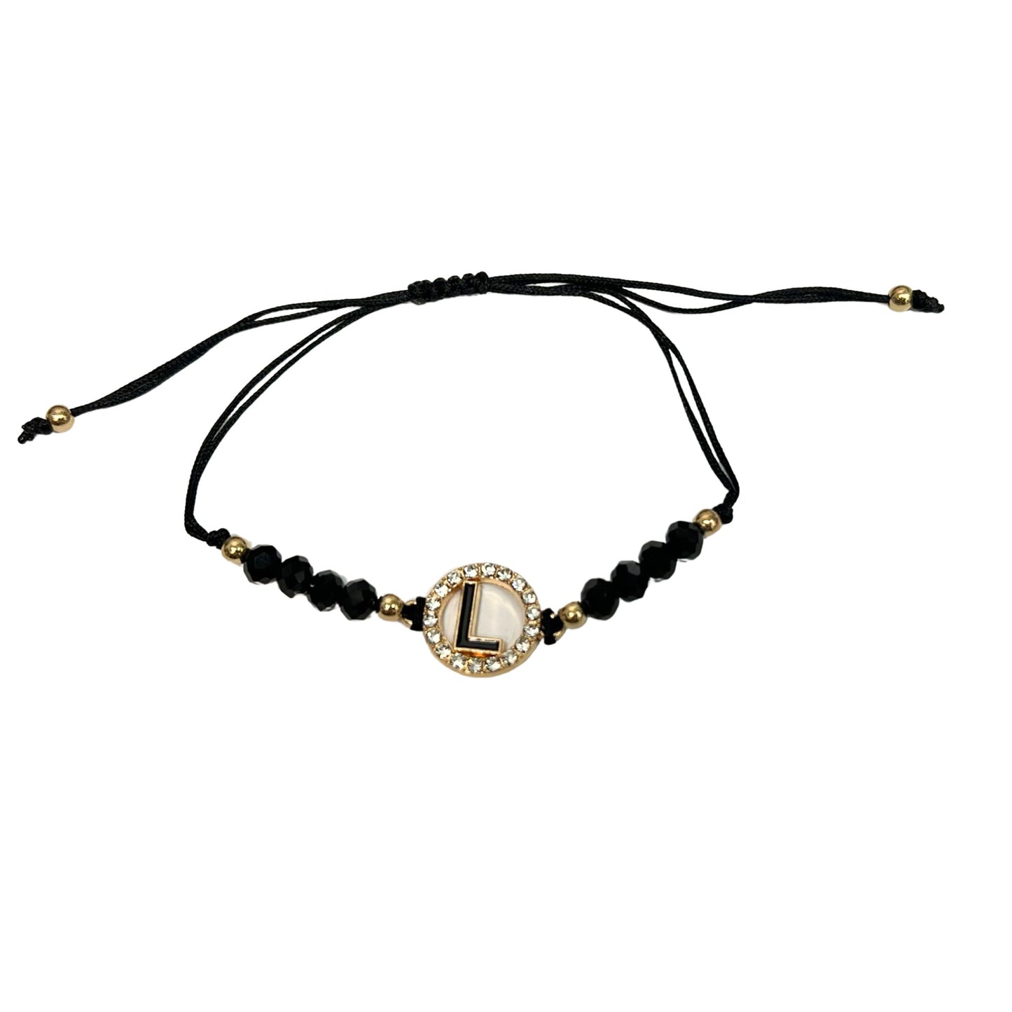 Beaded Black Bracelet with Gold Rhinestone Alphabet Letters