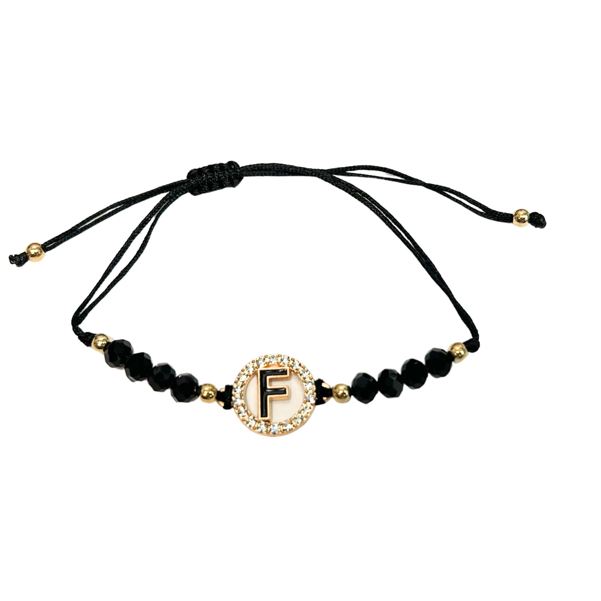 Beaded Black Bracelet with Gold Rhinestone Alphabet Letters